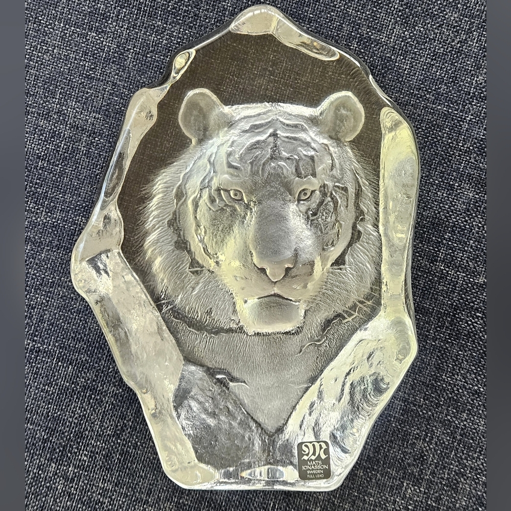 Mats Jonasson Sweden Full Lead Crystal Tiger Head SIGNED Sculpture